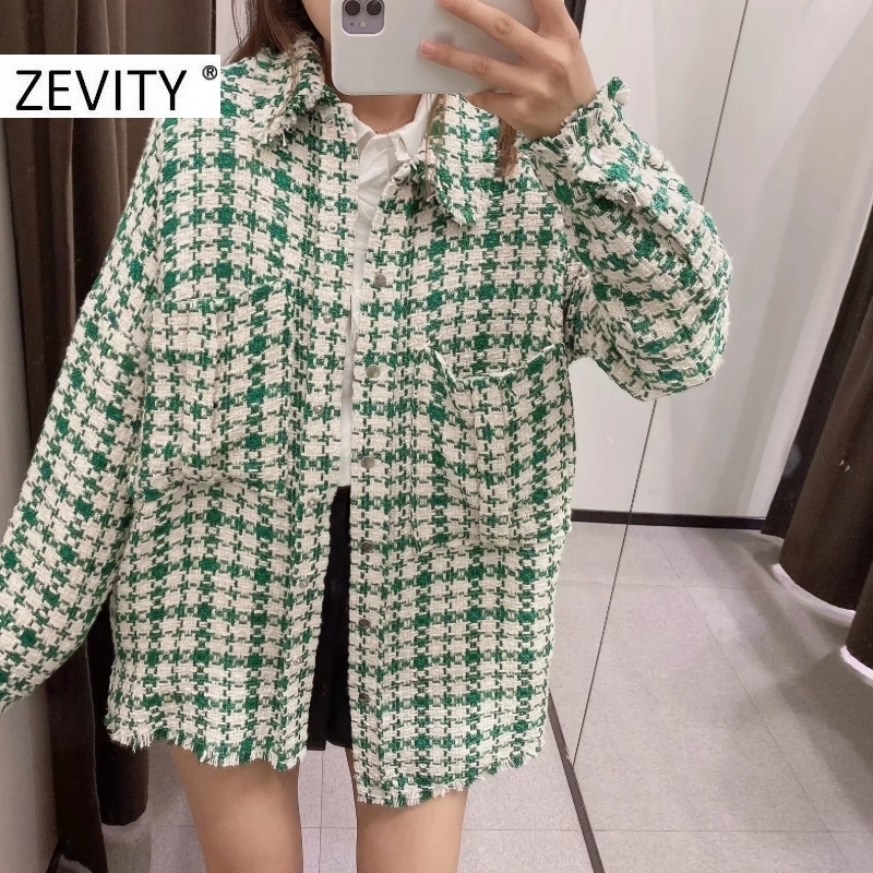Zevity New Autumn Women Vintage Plaid Print Woolen Shirt Coat Lady Long Sleeve Pocket Patch Tassel Casual Jacket Chic Tops CT602 201017