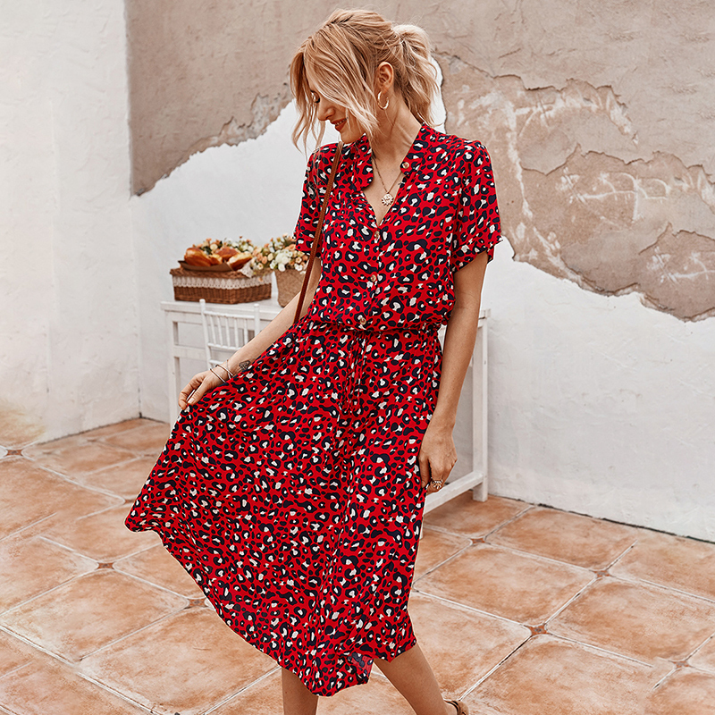 Fashion Polka Dot Print Dress Women High Waist Sashes A Line Summer Dress Short Sleeve SingleBreasted Bohemian Midi Dresses T200603