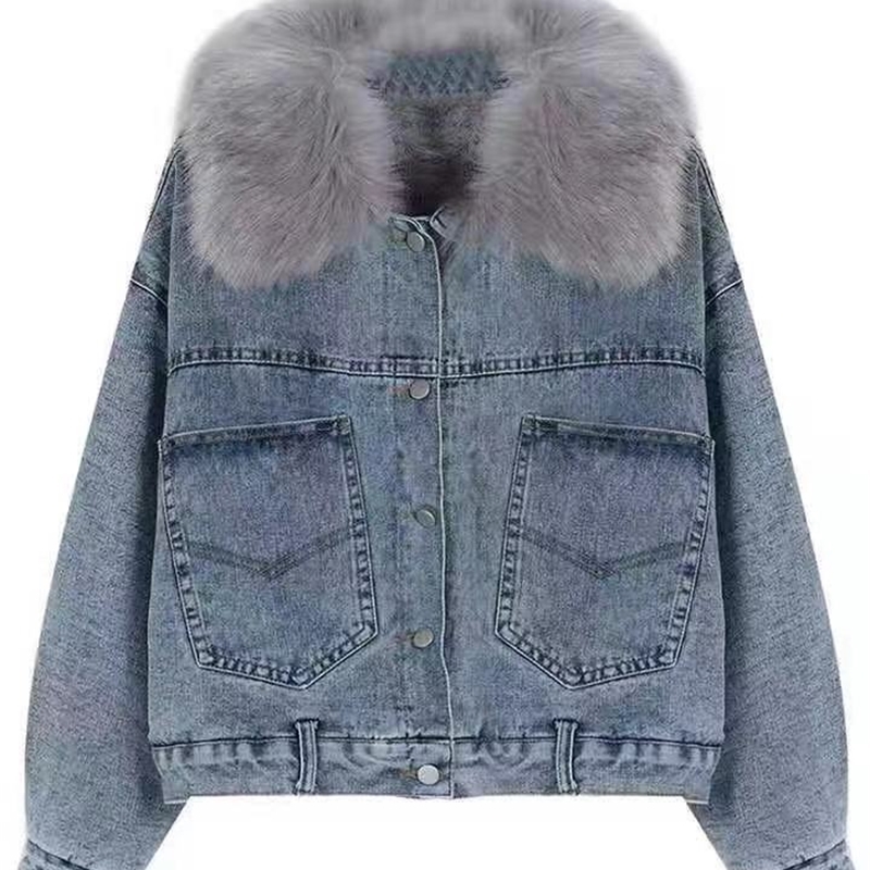 NIJIUDING Winter Casual Solid Real Fur Collar Denim Jacket Female Loose Single Breasted Plus Velvet Thickened Parkas Women 201127