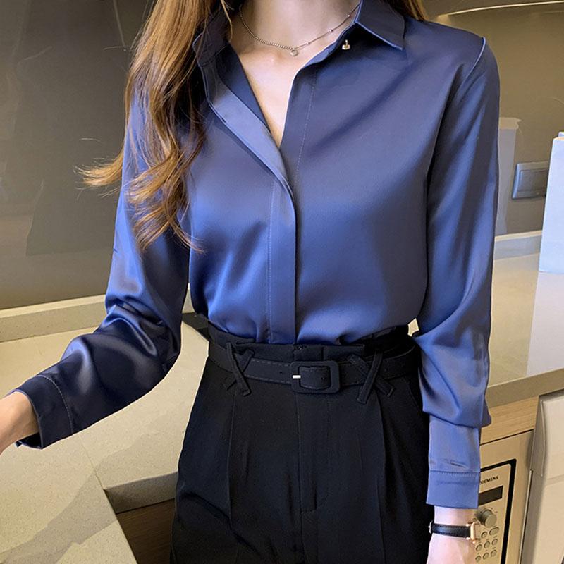 New Basic Shirt Feminine Top Fashion Satin 2020 Chiffon Women Long Sleeve Simple Autumn Casual Solid White Clothing 0877