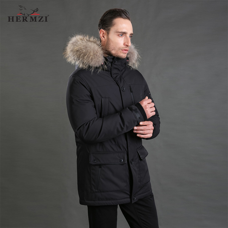 HERMZI Winter Coat 80% Duck Thick Warm Men Long Jacket Down Parka Alaska Real Raccoon Fur 201104
