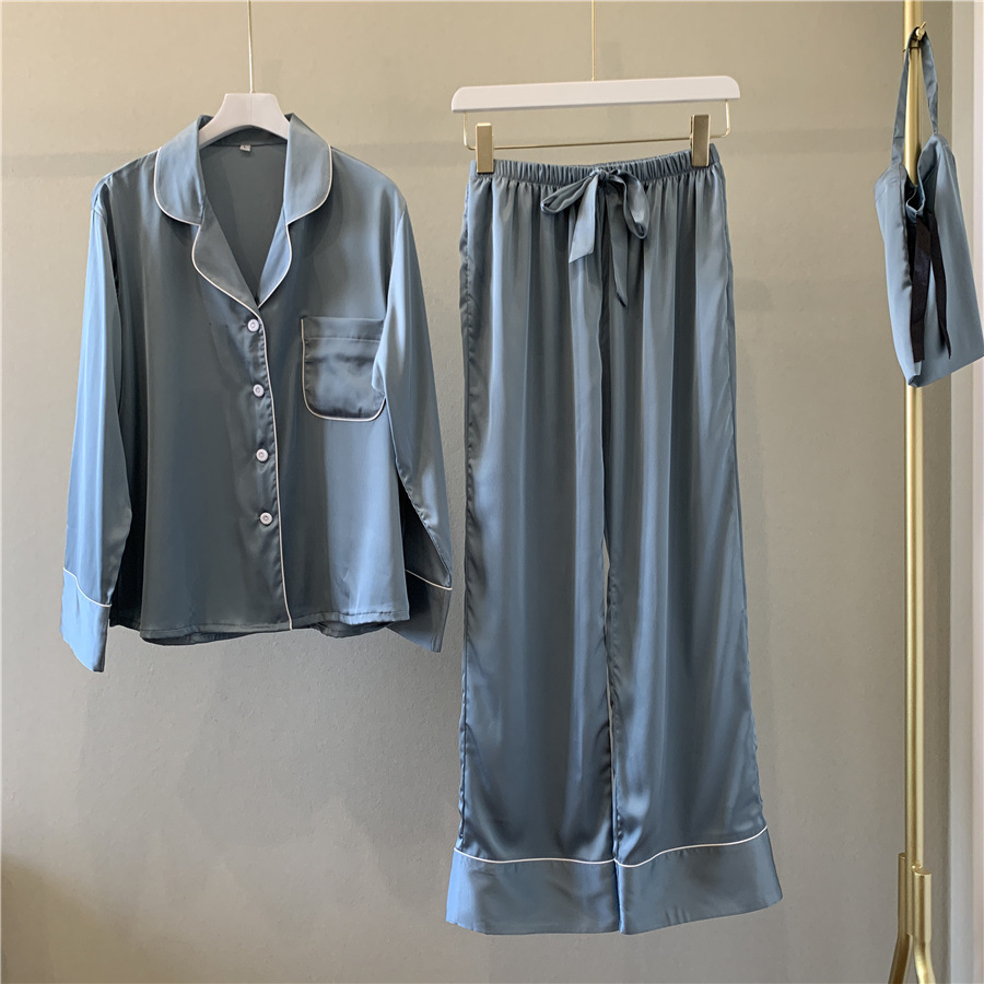 Pajama Set Silk Home Suit Solid color Pyjamas Women Long Sleeve Turn-down Collar Womens Pijama Mujer Home Clothing 210203