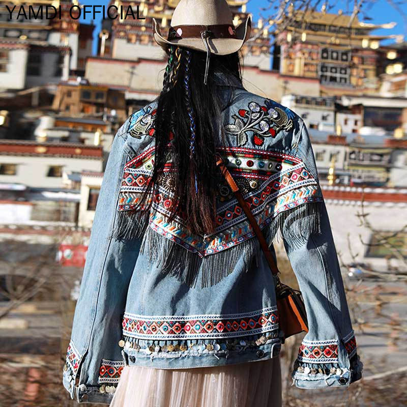 YAMDI Women Embroidered Denim Jacket Vintage Long Sleeve Coat Festival Runway Embellished Jacket Chic Ladies Chaqueta 201017