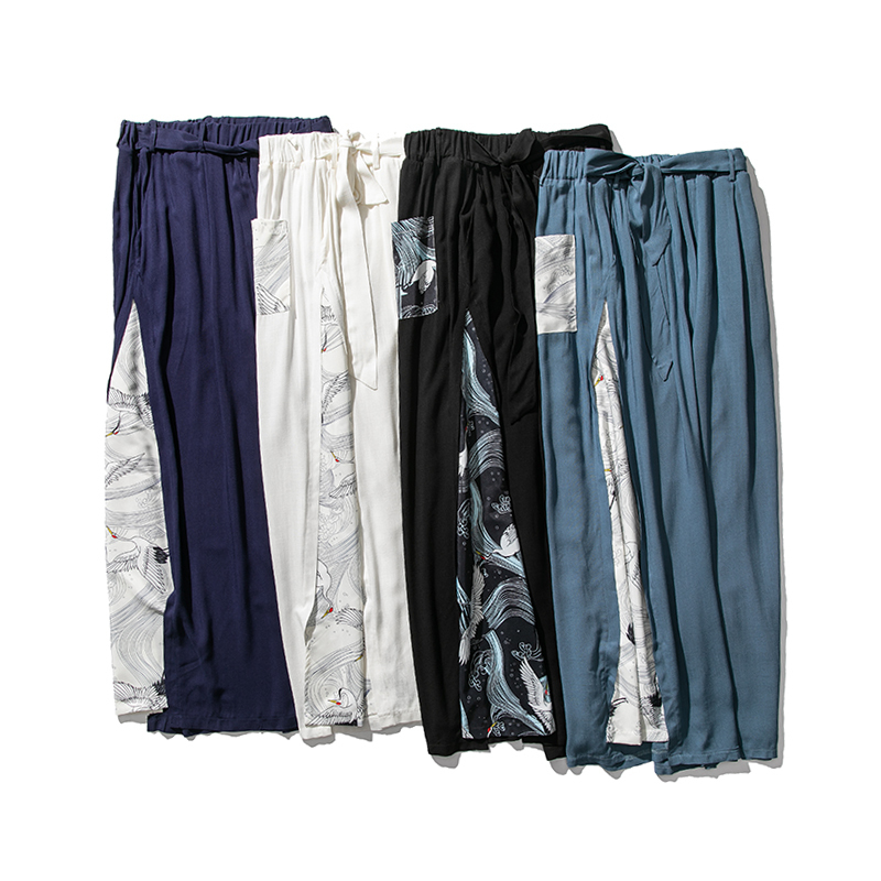 MrGoldenBowl Store Summer Chinese Style Cotton Pants Mens Patchwork Vintage Loose Pants Male Wide Leg Pants 201027