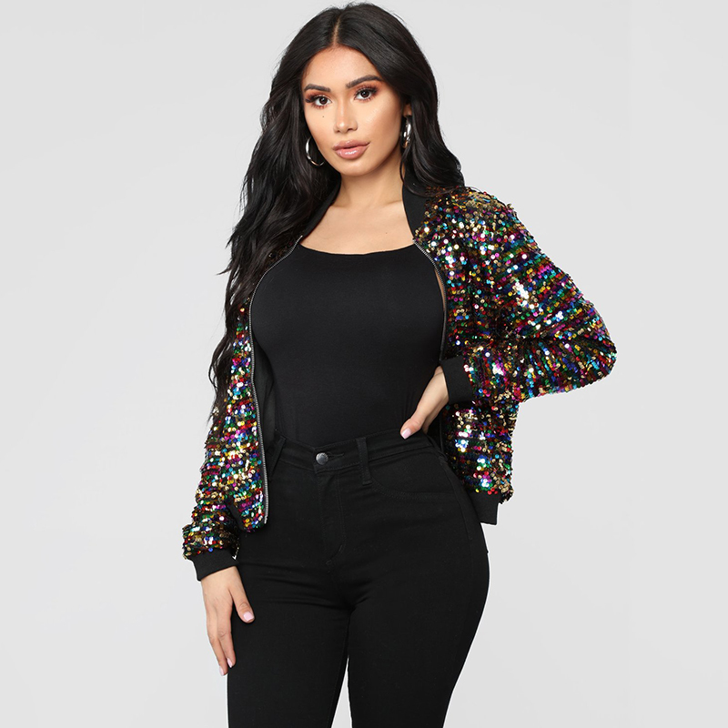 Versear Women Bomber Jacket Colorful Sequin Glitter Bling Bling Long Sleeve Zipper Cool Street Club Wear Spring Autumn Outwear 201017