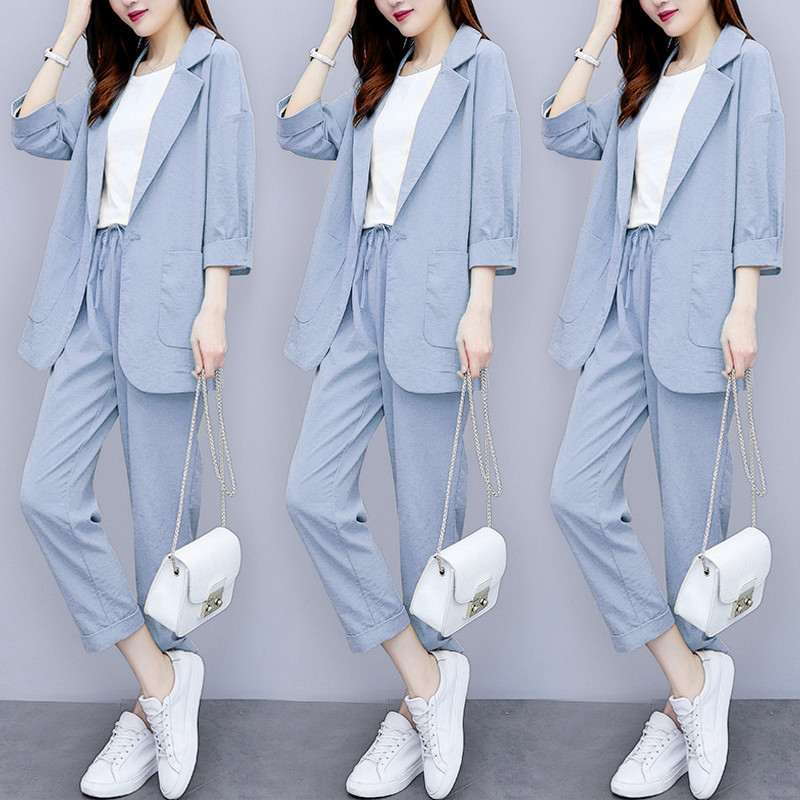 Women Autumn summer Causal 2 piece setssuit Plus Size Solid Cotton and linen Blazer Coat Harem Pants Suits T200716