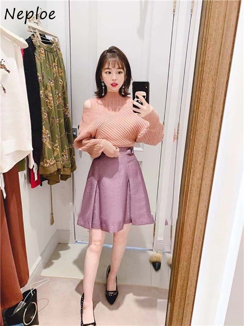 Neploe Chic Sexy Cross Shoulder Strapless Knitted Tops Women Fashion Slim Waist Pullovers Autumn Solid Color Sweaters 201017