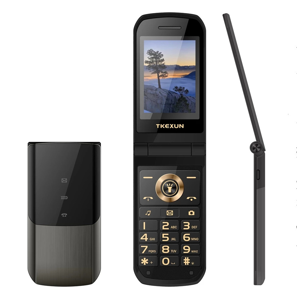 Unlocked Extra Slim Original TKEXUN Metal Gold Flip Cellphone Dual Sim Card Metal Torch Handwriting Screen Large Key Camera MP3 Mobile Phone