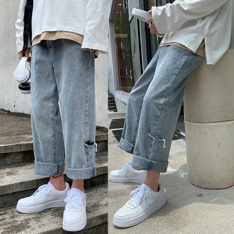 Ins spring and summer broken hole retro washed light color jeans women BF style loose and versatile straight pants trend, Blue2 without belt
Ins spring and summer broken hole retro washed light color jeans women BF style loose and versatile straight pants trend, Blue2 without belt