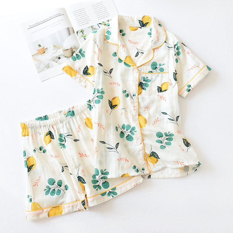 Cotton Thin Pajamas Ladies Summer Shortsleeved Shorts Home Costumes Nightwear Printed Fresh Loose Suit Ropa De Dormir Mujer T200429