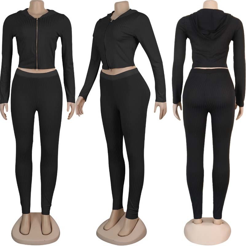Women Autumn 2 Piece Set Sweater hooded zipper crop toppencil Pants Knitted Suit Knit Set Women Sexy club Two Piece Set Outfit T200821