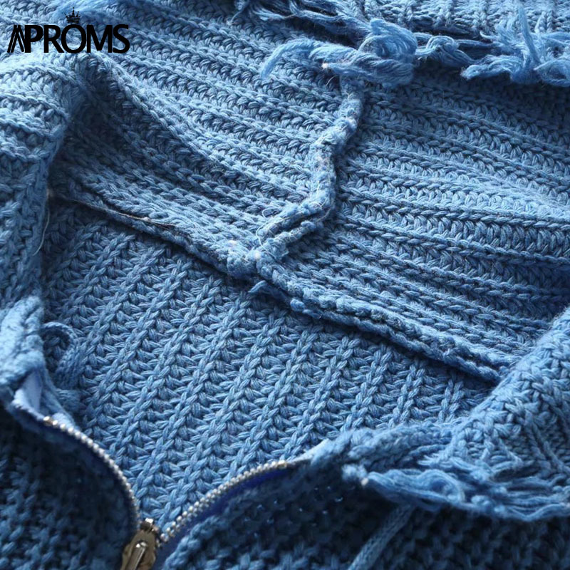 Aproms Casual Tassel Hooded Knitted Sweater Women Zipper Loose Cropped Cardigans Winter Coat Cool Gilrs Streetwear Jumper 201221