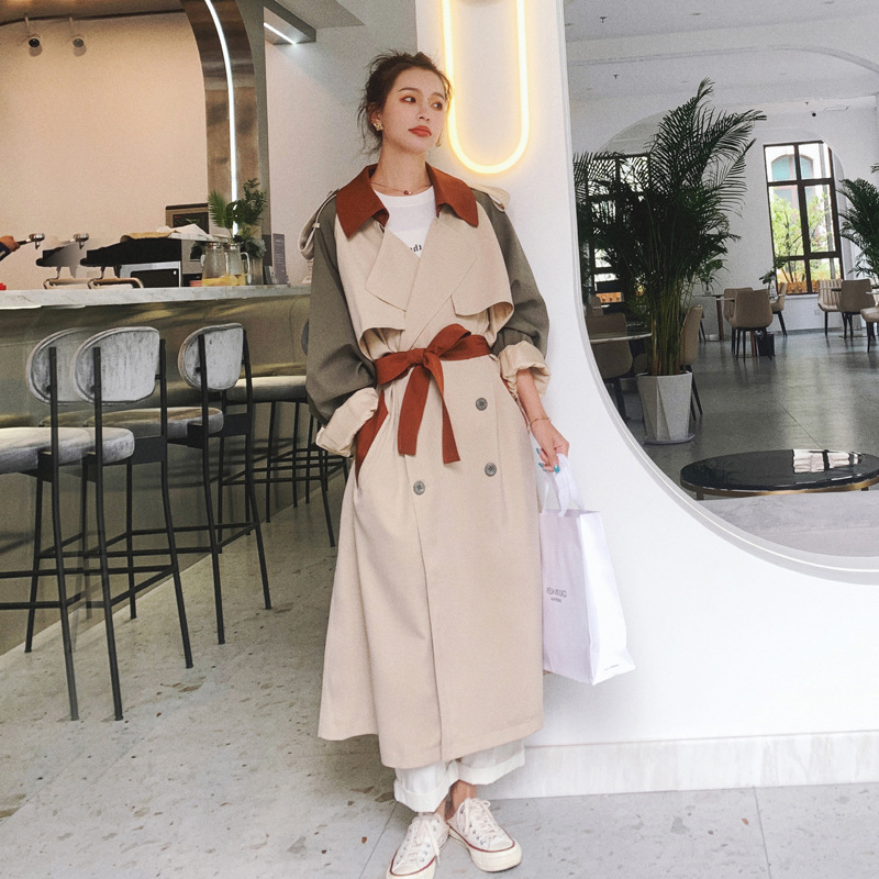 [DEAT] Women's Coat Full Sleeve Lapel Hit Color Lacing Over Long Loose Trench Bow Casual New Autumn Ashion Clothing AM787 201030
