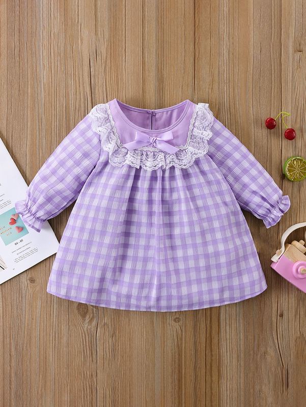 Baby Girl Gingham Contrast Lace Dress SHE