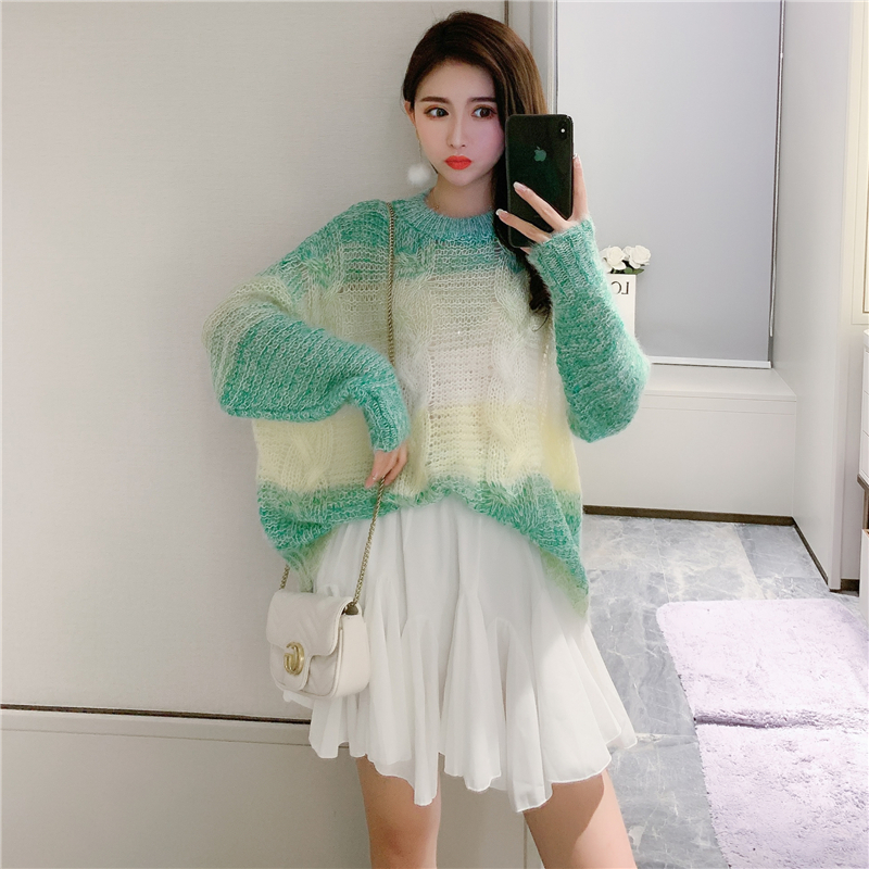 Rainbow Gradient Color Long sleeves Loose Oversized Sweater Spring Knitted Sweaters Thin Women Sweaters And Skirts 1623A 201221