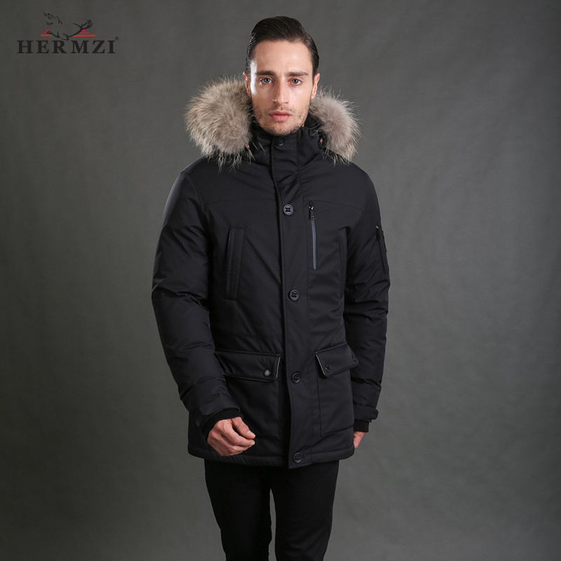 HERMZI Winter Coat 80% Duck Thick Warm Men Long Jacket Down Parka Alaska Real Raccoon Fur 201104