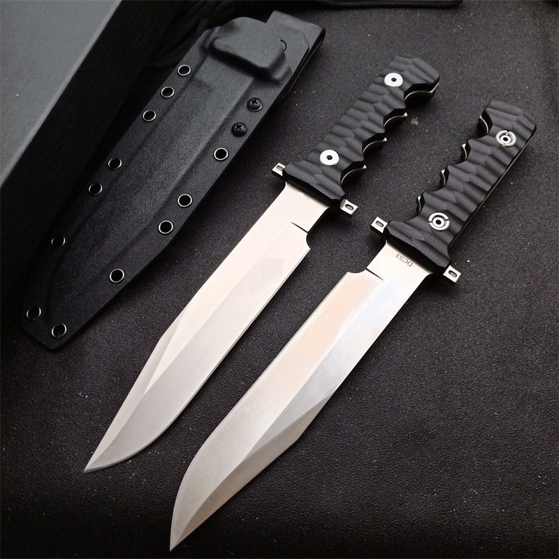 High End Outdoor Survival Tactical Straight Knife DC53 Satin Full Tang Black G-10 Handle Fixed Blade Knives With Kydex