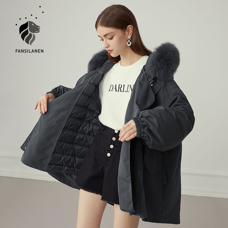 FANSILANEN Hooded casual oversized down jacket Women real fur collar wram winter coat Female pleated feather down parka overcoat 201019