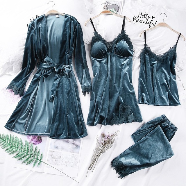 Daeyard Velvet 4 Pieces Warm Winter Pajamas Sets Women Sexy Lace Robe Pajamas Sleepwear Kit Sleeveless Nightwear Homewear 201113