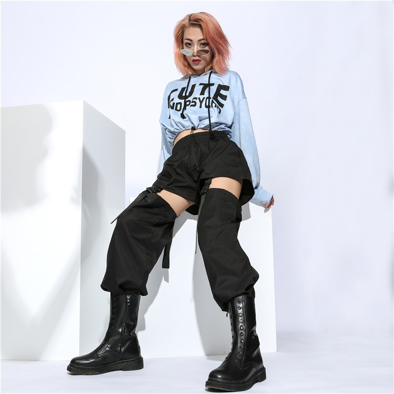 Rapwriter Fashion Detachable Two Ways Of Wearing Stretch High Waist Pants Women Loose Cargo Joggers Women Trousers Streetwear 201111
