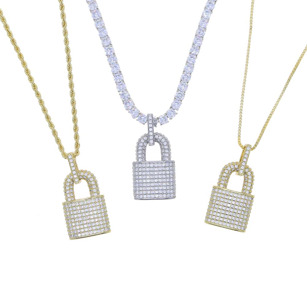 Iced Out Hip Hop Lock Pendant Necklace With Bling Cz Paved 5mm Tennis Chain Necklace Jewelry Wholesale For Women Girl Party Gift