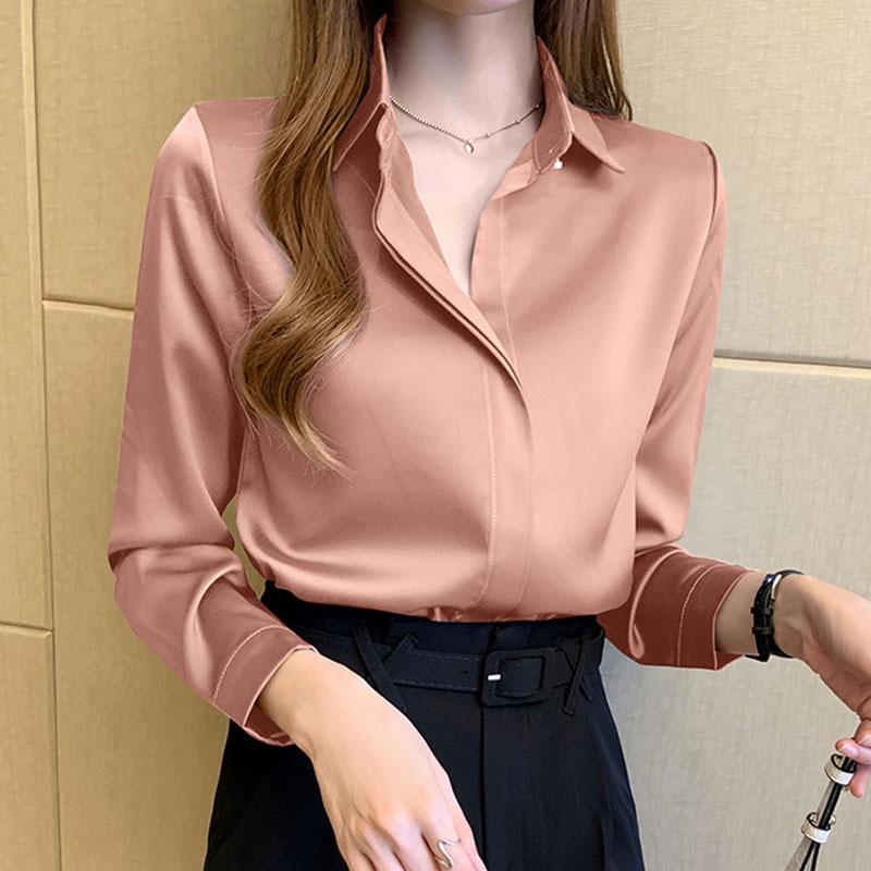 New Basic Shirt Feminine Top Fashion Satin 2020 Chiffon Women Long Sleeve Simple Autumn Casual Solid White Clothing 0877