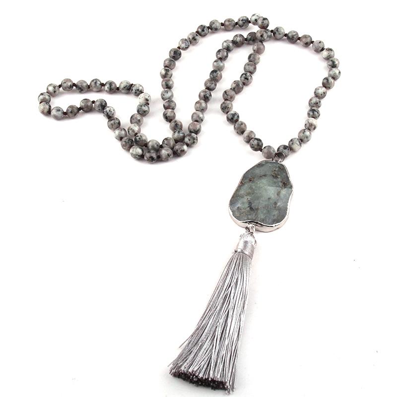 MOODPC Fashion Fashion Bohemian Jewelry Gray Stone Knotted Stone Link Tassel Necklaces For Women