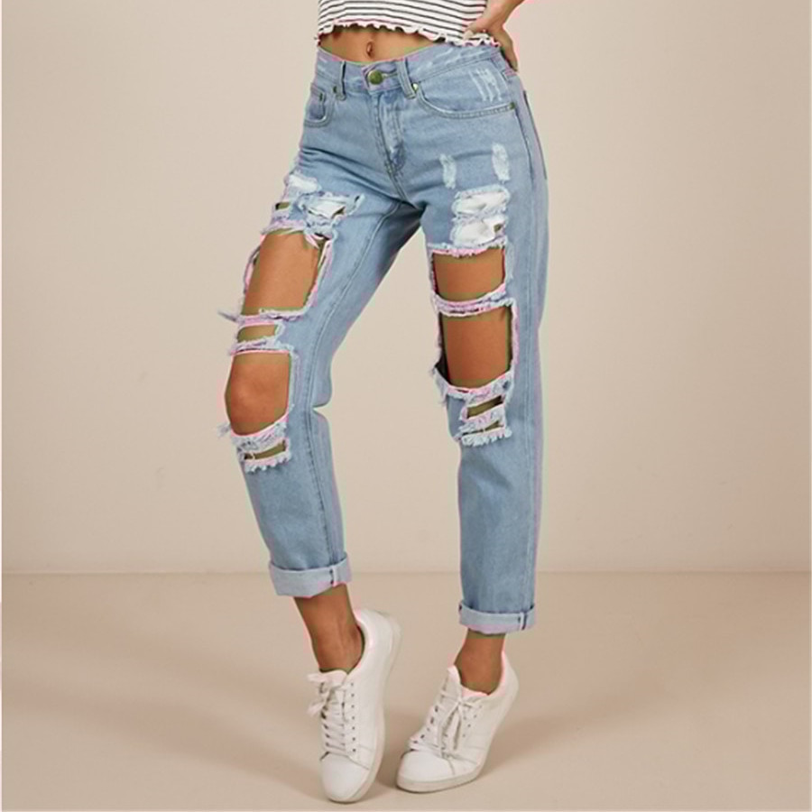 WITHZZ Women's Fashion Hole Ripped Denim Scratched Straight Pants Female Trousers Jeans 201105