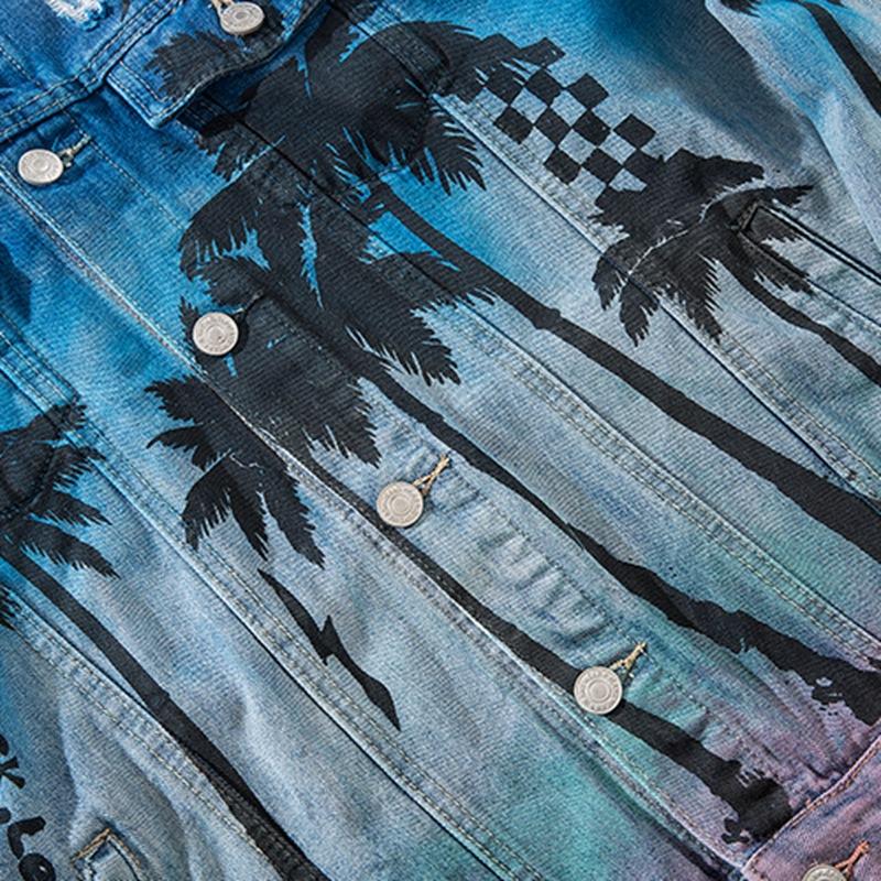 Palm Coconut Tree Printing 2020 Hot Denim Bomber Jacket Men's Jeans Jacket High Street Loose Hip Hop Hole Jaqueta Masculina1