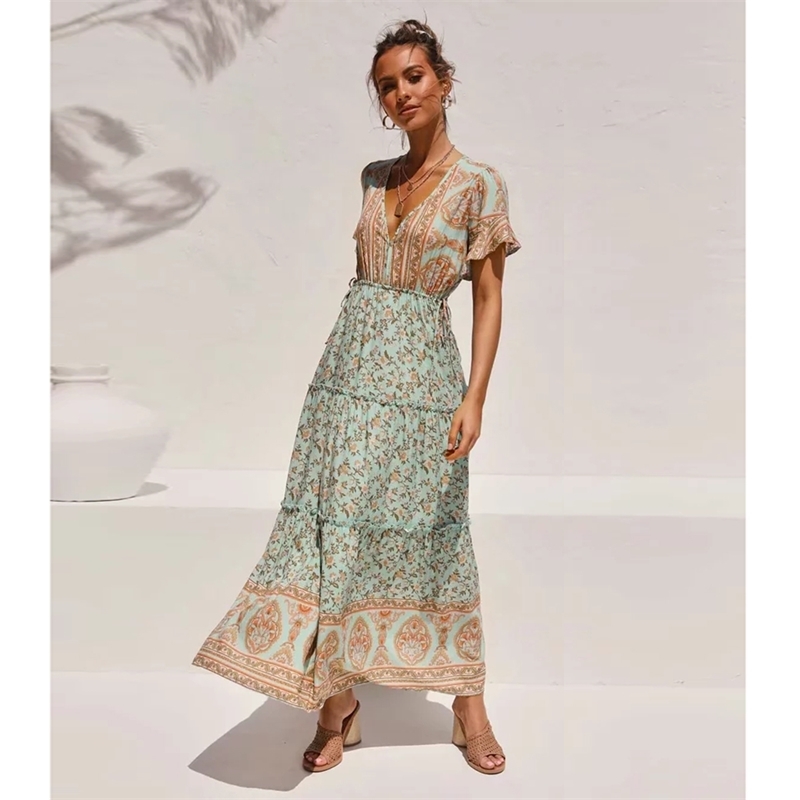 Jastie Boho Floral Printed Maxi Dress V Neck Sexy Ruffle Sleeve Vintage Vestidos Summer Hippie Beach Casual Women Dresses T200604