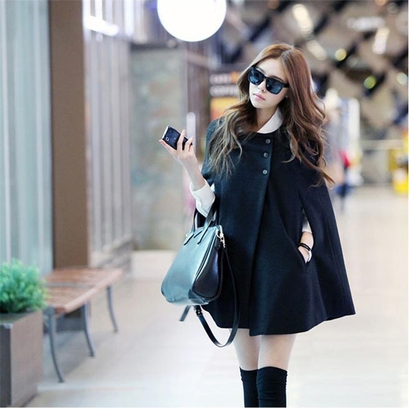 Black Round Collar Double Breasted Cloak Coat Women Elegant Sleeveless Poncho Overcoat Female Autumn Woolen Cape Coats 201216