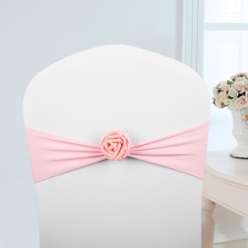 Sashes 10pcs Chair Bows Decor Elastic Spandex Sash With Pink Flower Stretch Band Wedding Decoration