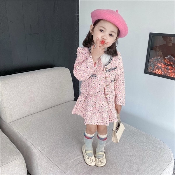 2020 Autumn New Arrival Gils Fashion Tweed 2 Pieces Suit Coat+skirt Girls Clothes Kids Clothes Y1106