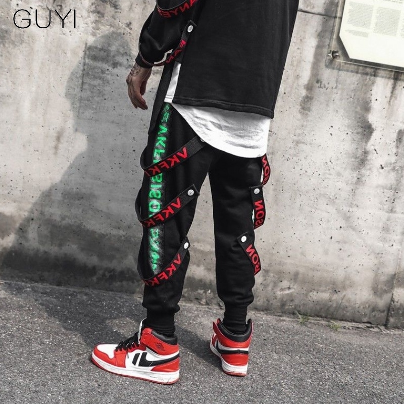 Letter Ribbons Hip Hop Pants for Men Joggers Casual Streetwear Vintage Harem Pants Male Trousers Cargo Sport Men's Black Pants 201027