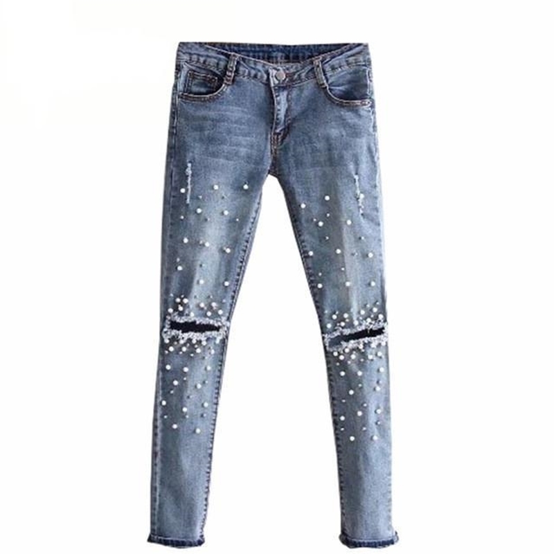 Knee Hole Ripped Jeans plus size Women Stretch Denim Pencil Pants Casual Slim Fit Rivet Pearl Summer Long Sex Trousers Cowboy 201030
