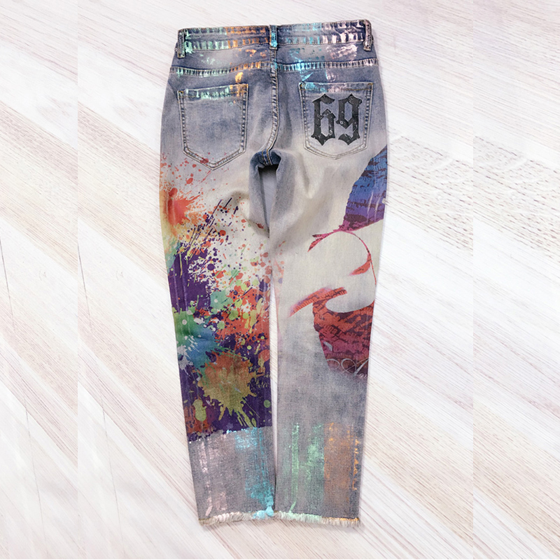 LUCKY STAR 3D Appliques pattern Painted Jeans Momen Straight Elegant Style Ripped Vintage Pattern Skinny Jeans D237 201029