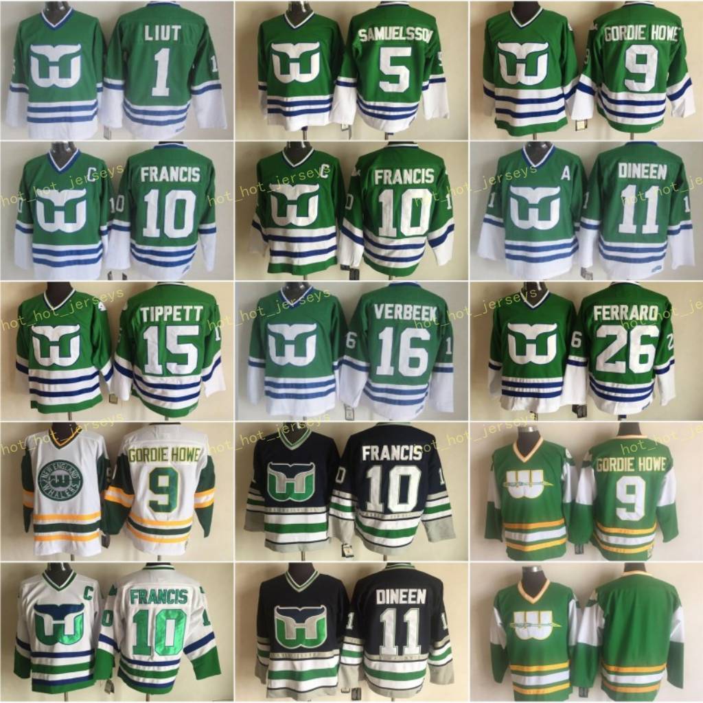 Hartford 10 Ron Francis Whalers 11 Kevin Dineen 16 Patrick Verbeek 26 Ray Ferraro 5 Ulf Samuelsson 1 Mike Liut 9 Gordie Howe 15 Dave Tippett, Black;red
Hartford 10 Ron Francis Whalers 11 Kevin Dineen 16 Patrick Verbeek 26 Ray Ferraro 5 Ulf Samuelsson 1 Mike Liut 9 Gordie Howe 15 Dave Tippett, Black;red