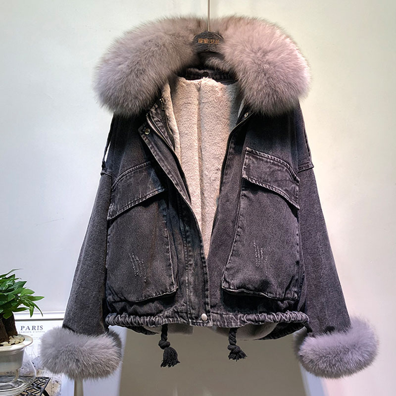 Winter Thick Warm Coat Women Real fox Fur collar Denim Jacket New Korean faux Rabbit Liner Bat Sleeve Loose Female Parka T200915