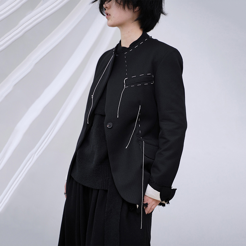 EAM Loose Fit Black Line Split Joint Short Jacket Lapel Long Sleeve Women Coat Fashion Spring Autumn 1M749 201017