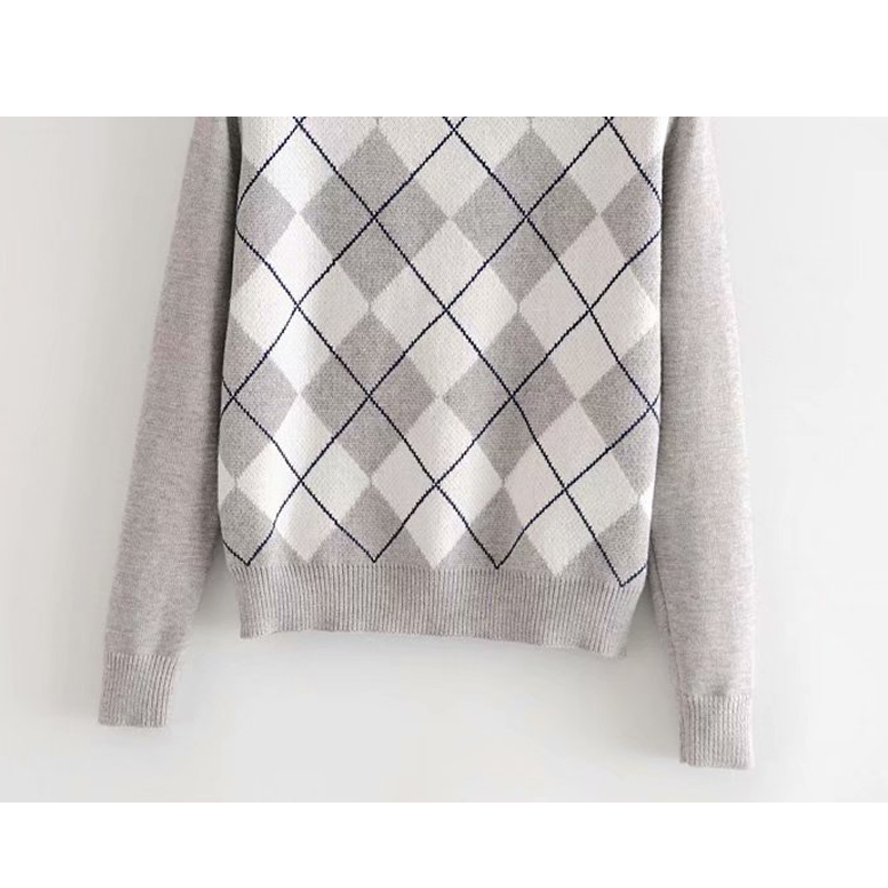 Women Pullover Sweater Retro Fall Winter Fashion Diamond Plaid Pullover Women Sweater Cute British Style Sweater Top 201223