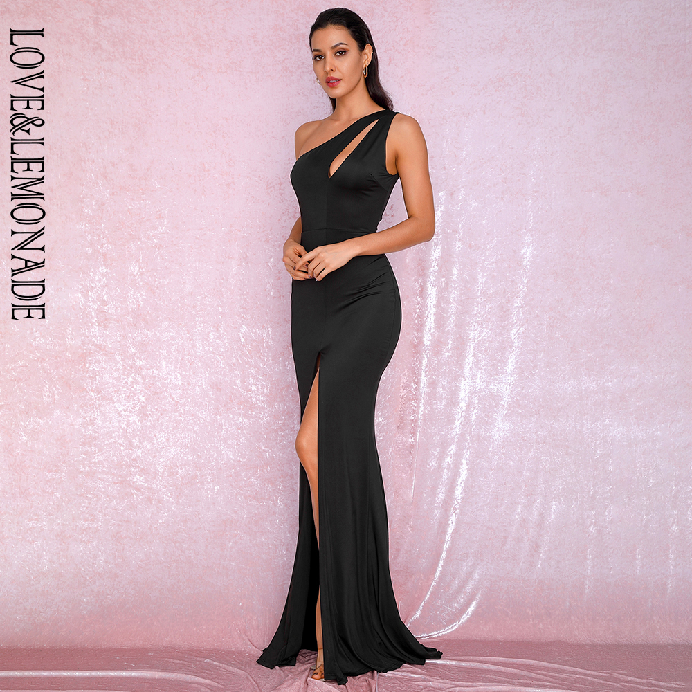 LOVE&LEMONADE Sexy Black One-Shoulder Cut Out Bodycon Elastic Material Split Party Maxi Dress LM81921 T200604