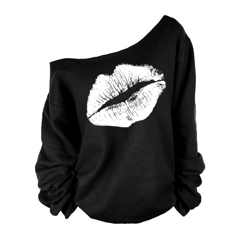 Sexy Red Lip Print T Shirt Women One Shoulder Plus Size T-shirt Long Sleeve Casual Loose Summer Tshirt Top Camisetas Mujer Black 201028
