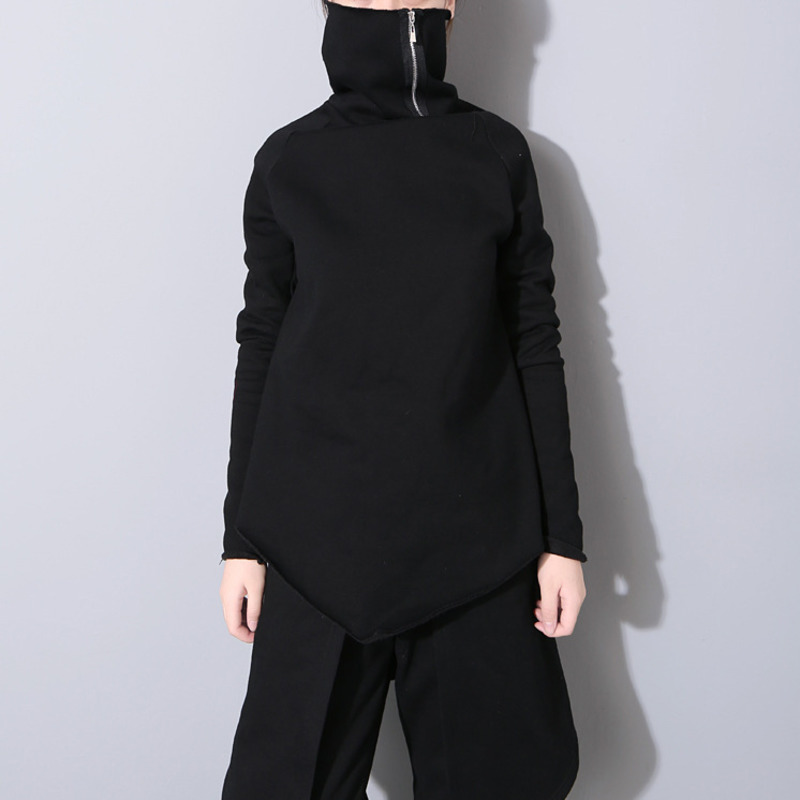 [EAM] New Spring Pullover Turtleneck Collar Full Sleeve Asymmetrical Loose Sweatshirt Women Fashion Tide LJ201130