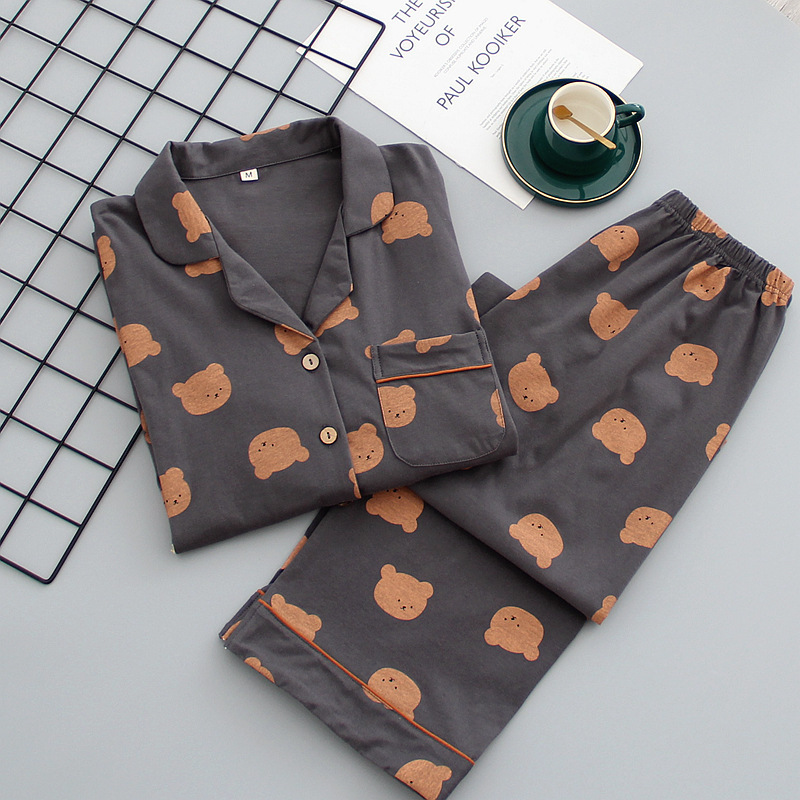 Japanese style new spring and autumn couple cotton long-sleeved trousers pajamas suit female four seasons home service suit men 201114