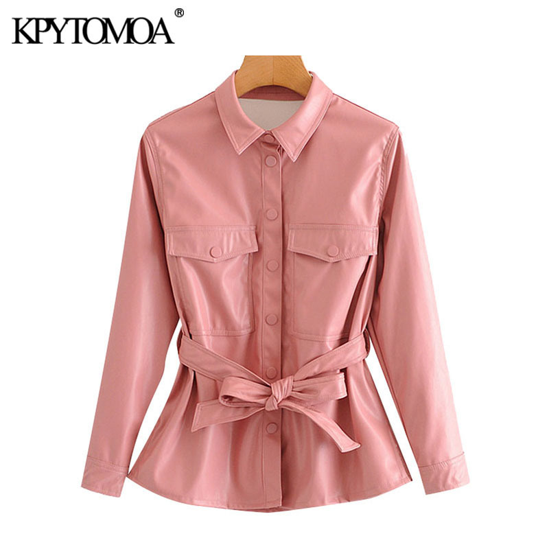 KPYTOMOA Women 2020 Fashion With Belt Faux Leather Jacket Coat Vintage Long Sleeve Pockets Female Outerwear Chic Tops LJ201127