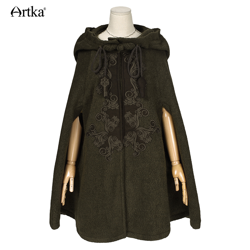 ARTKA Women's Winter New Vintage Warm Woolen Hoodie Cloak Coat Embroidered Drop-Shoulder Sleeve Wool Cape Outerwear WA10220D 201222