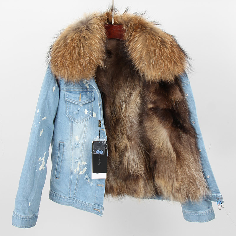 new denim parker raccoon fur, real fur 100% fur short jacket with detachable liner 201217