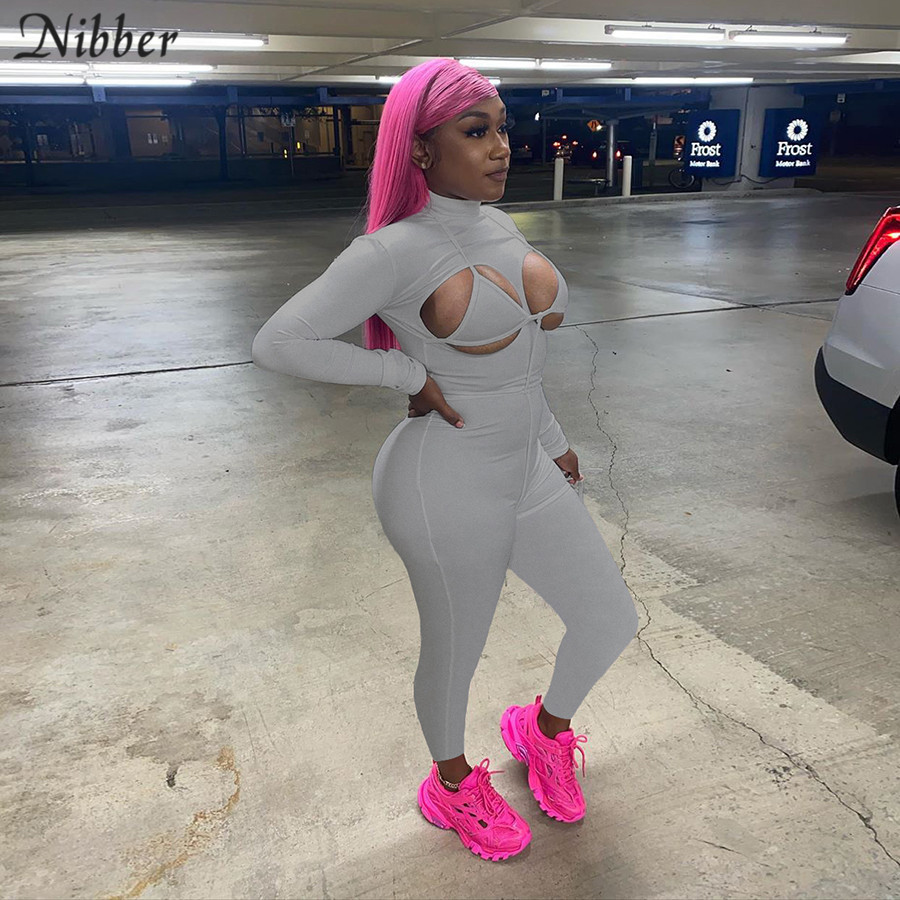 Nibber Bodycon Cut Out Hole Jumpsuit Sexy Woman Strappy Club Romper Casual Activity Streetwear Female Fall Stretch Clother 201007