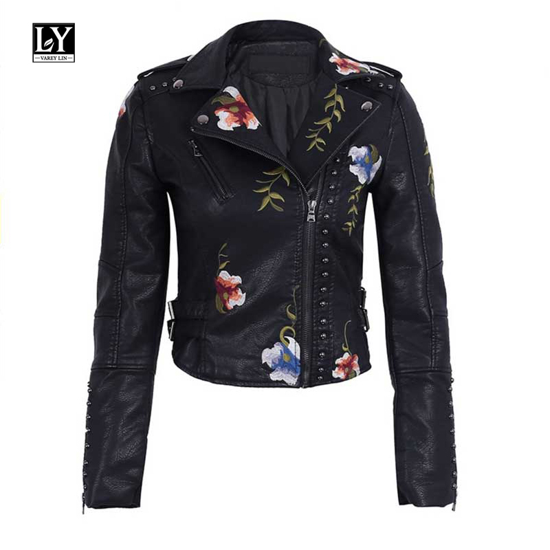 Ly Varey Lin Faux Soft Leather Jacket Women Embroidery Floral Faux Leather Jacket Pu Motorcycle Epaulet Zipper Punk Outerwear 201226