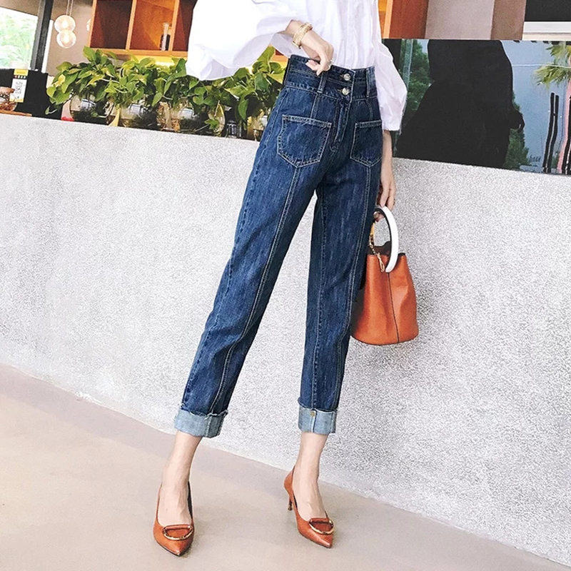 Blue Streetwear waist high ankle-length jeans with female pocket thin Korean style denim straight pants curling foot
Blue Streetwear waist high ankle-length jeans with female pocket thin Korean style denim straight pants curling foot